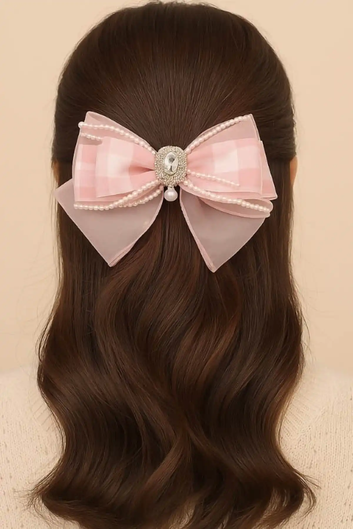 Pembe Renk Kurdele Figürlü İnci Detaylı Otomat Toka