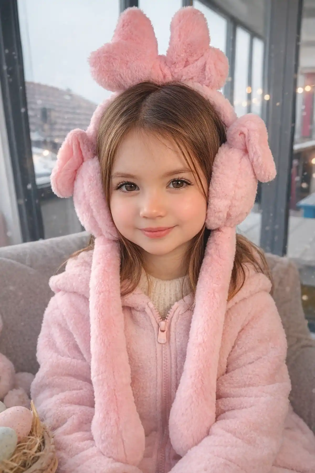 Pembe Renk Kurdele Figürlü Kulakları Oynayan Peluş Kulaklık