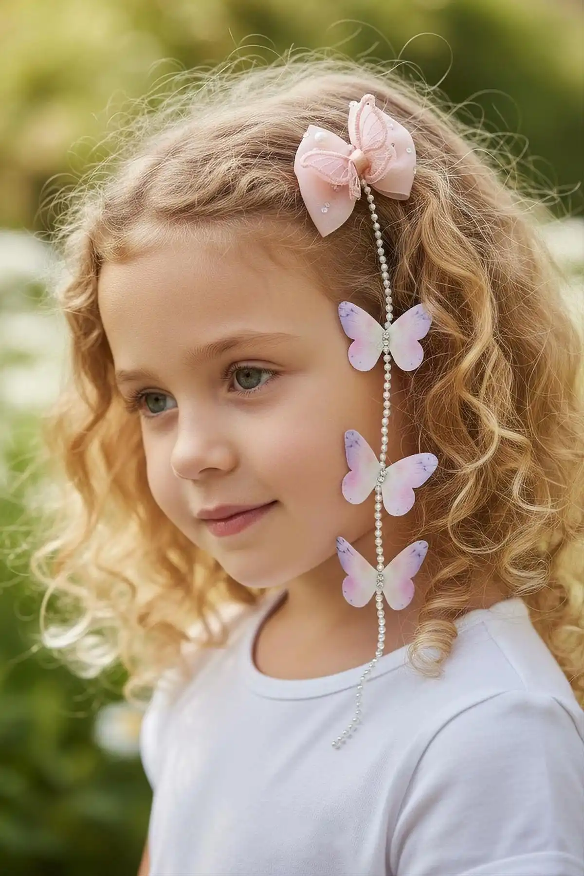 Somon Renk Kelebek Figürlü İnci Detaylı Çocuk Yan Toka