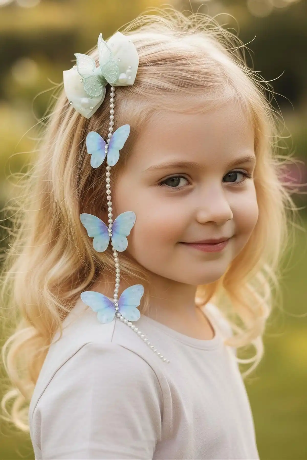 Yeşil Renk Kelebek Figürlü İnci Detaylı Çocuk Yan Toka