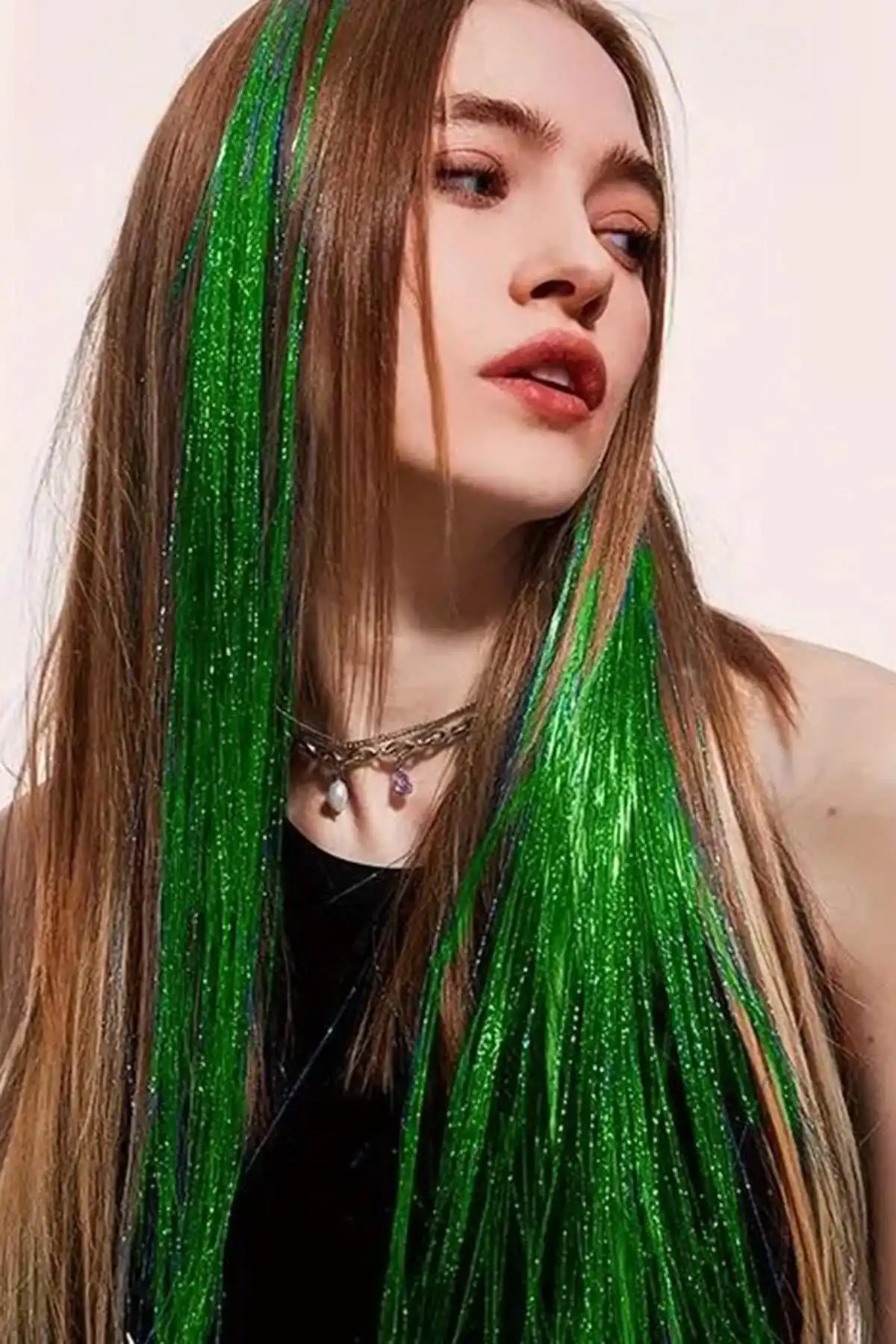 Yeşil Renk Simli Yan Postiş Hair Tinsel Shiny Hair (50 Cm)