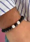 Siyah Ve Beyaz Renk Boncuk Detaylı Erkek Bileklik