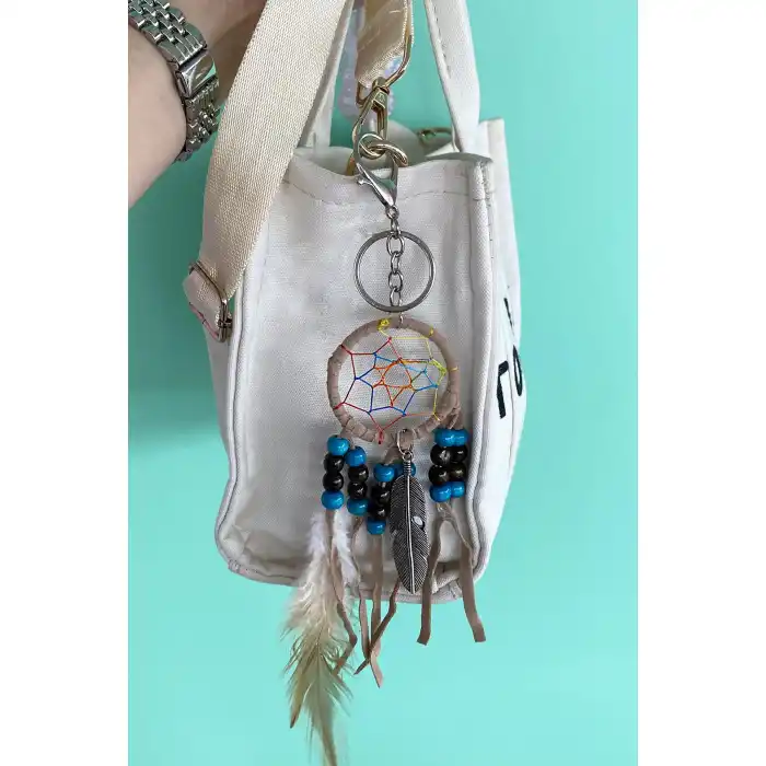 Bej Renk Boncuklu Rüya Kapanı Detaylı Anahtarlık