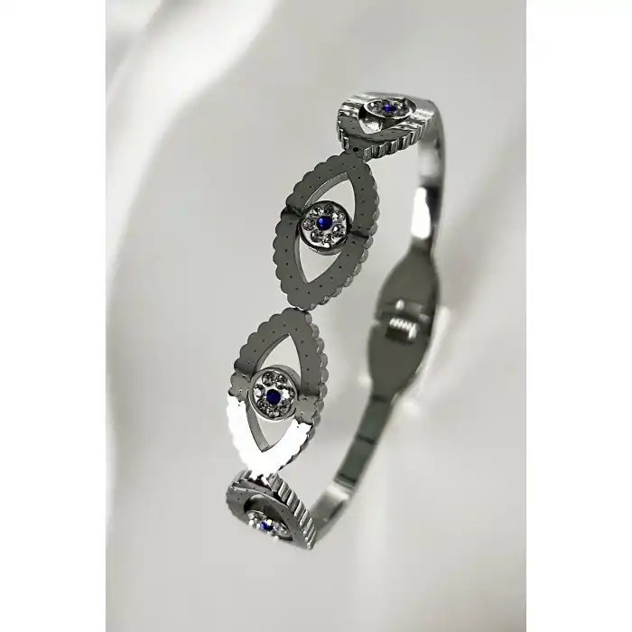 Gümüş Renk Nazar Boncuğu Detaylı Çelik Kelepçe Bileklik