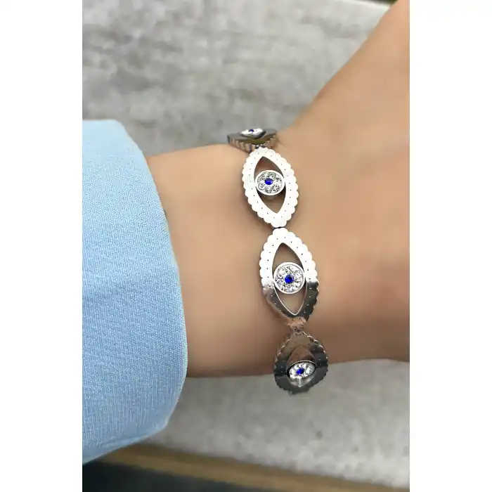 Gümüş Renk Nazar Boncuğu Detaylı Çelik Kelepçe Bileklik