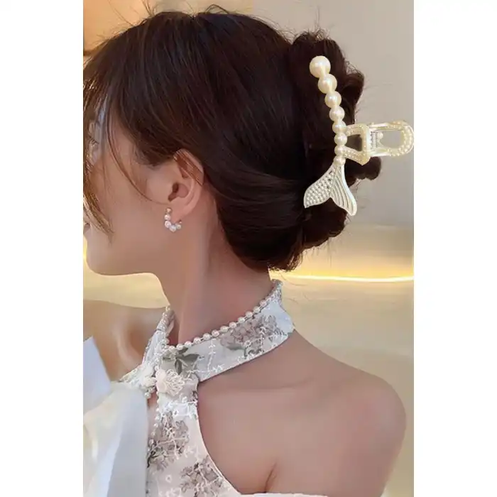 Krem Renk İncili Büyük Boy Balık Figürlü Mandal Toka