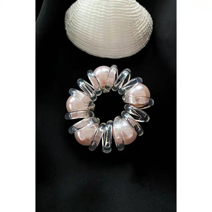 Şeffaf Renk Pudra İnci Detaylı Helezon Lastik Toka