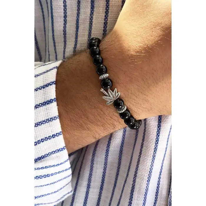 Siyah Renk Boncuk Detaylı Yaprak Figürlü Erkek Bileklik