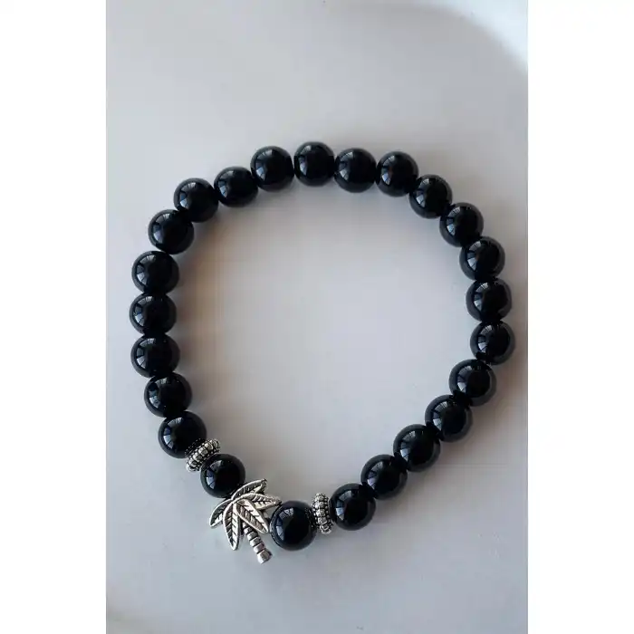 Siyah Renk Boncuk Detaylı Yaprak Figürlü Erkek Bileklik