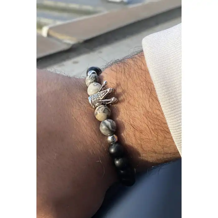 Siyah Renk Taç figürlü Boncuklu Erkek Bileklik