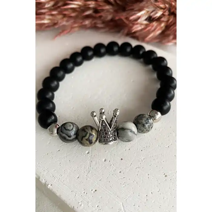Siyah Renk Taç figürlü Boncuklu Erkek Bileklik