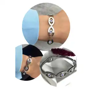 Gümüş Renk Nazar Boncuğu Detaylı Çelik Kelepçe Bileklik