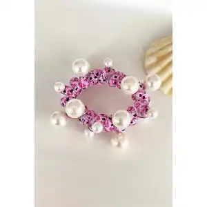 Pembe Renk İnci Detaylı Helezon Lastik Toka