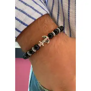 Siyah Renk Boncuk Detaylı Çapa Figürlü Erkek Bileklik