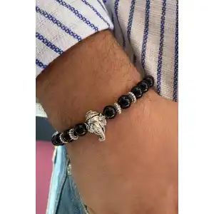 Siyah Renk Boncuk Detaylı Fil Figürlü Erkek Bileklik