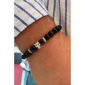 Siyah Renk Boncuk Detaylı Kaplan Figürlü Erkek Bileklik