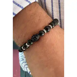 Siyah Renk Boncuk Detaylı Kuru Kafa Figürlü Erkek Bileklik