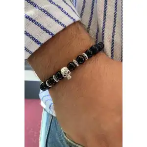 Siyah Renk Boncuk Detaylı Kuru Kafa Figürlü Erkek Bileklik