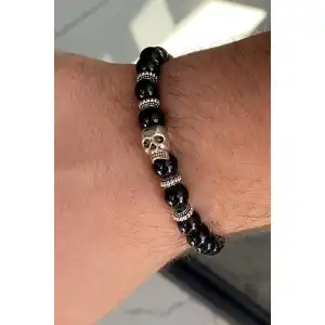 Siyah Renk Boncuk Detaylı Kuru Kafa Figürlü Erkek Bileklik