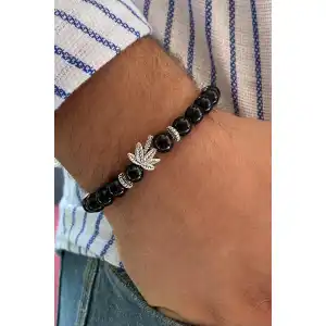 Siyah Renk Boncuk Detaylı Yaprak Figürlü Erkek Bileklik