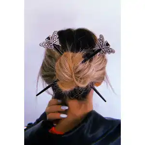 Siyah Renk Kelebek Figürlü İkili Topuz Tokası