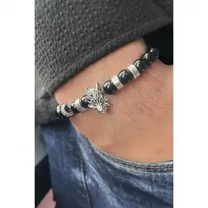 Siyah Renk Kurt Figürlü Erkek Boncuk Bileklik