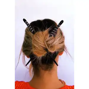 Siyah Renk Taşlı İkili Topuz Tokası