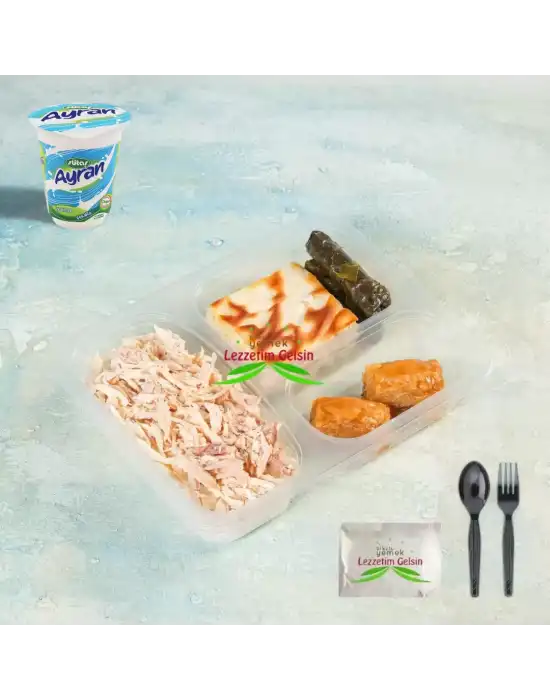 Didilmiş Tavuklu Tereyağlı pilav + Peynirli Su Böreği + Zeytinyağlı Yaprak Sarması + Baklava + Ayran