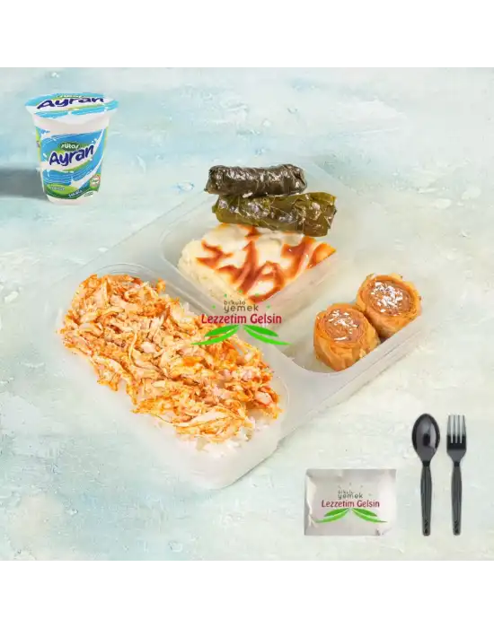 Soslu Didilmiş Tavuklu Tereyağlı pilav + Peynirli Su Böreği + Zeytinyağlı Yaprak Sarması + Cevizli Saray Sarması + Ayran