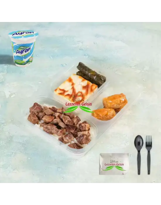 Tereyağlı Pilav + Dana Kavurma + Zeytinyağlı Yaprak Sarma +Peynirli Su Böreği + Baklava + Ayran