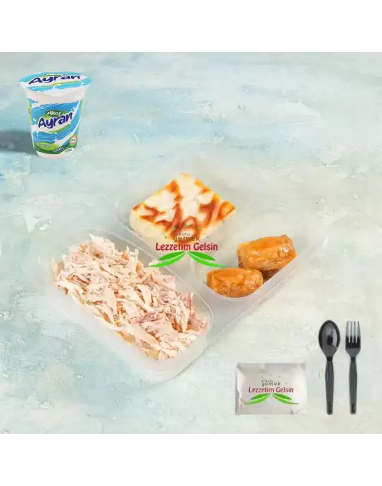 Tereyağlı Pilav + Didilmiş Tavuk + Peynirli Su Böreği + Baklava + Ayran