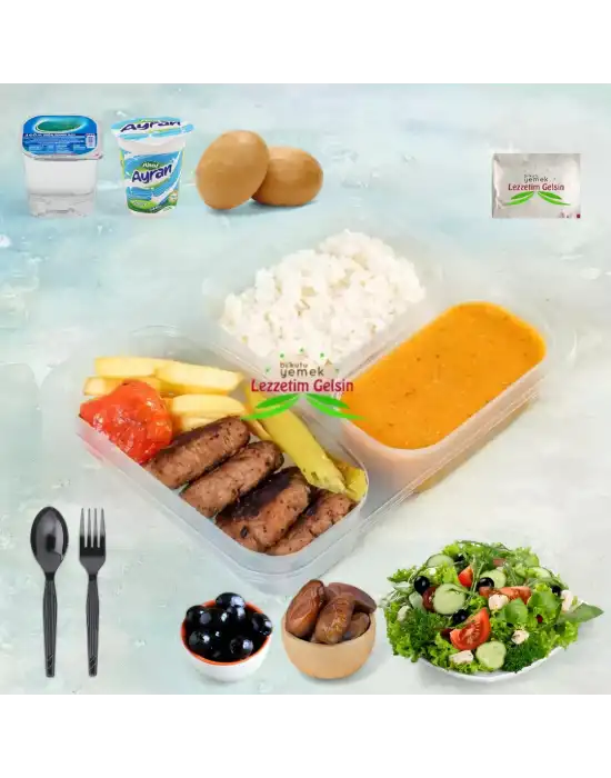 Tereyağlı Pilav + Ezogelin Çorba + Izgara Köfte + Patates Kızartması + Domates ve Biber + Ayran