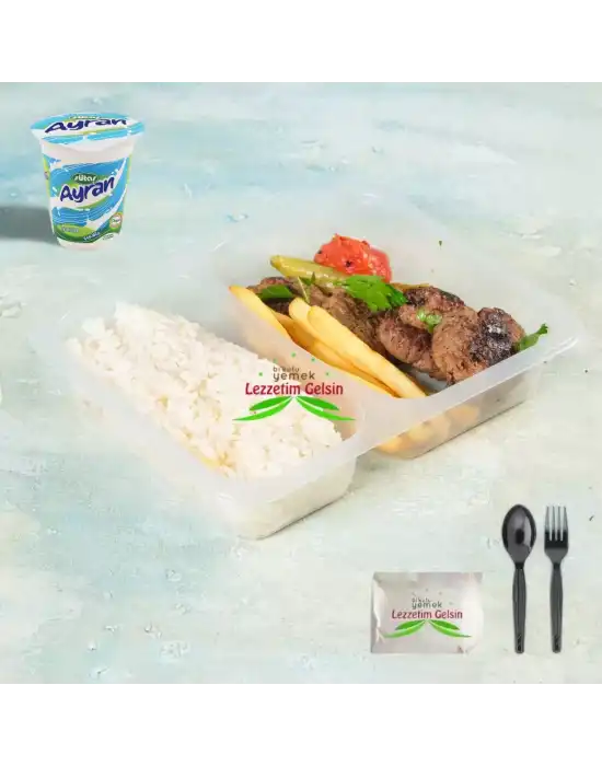 Tereyağlı Pilav + Izgara Köfte + Patates Kızartması + Domates ve Biber + Ayran