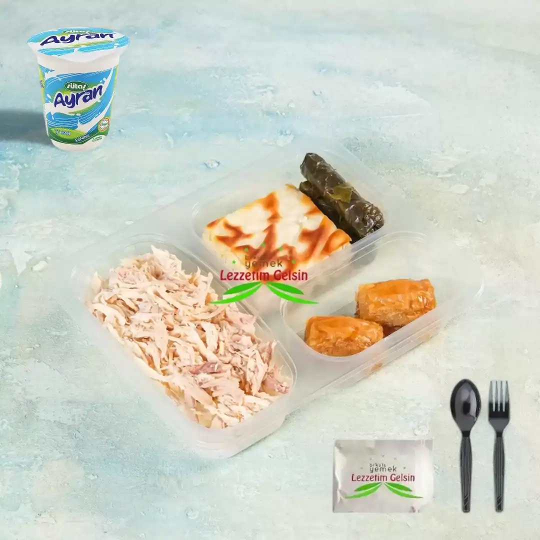 Didilmiş Tavuklu Tereyağlı pilav + Peynirli Su Böreği + Zeytinyağlı Yaprak Sarması + Baklava + Ayran