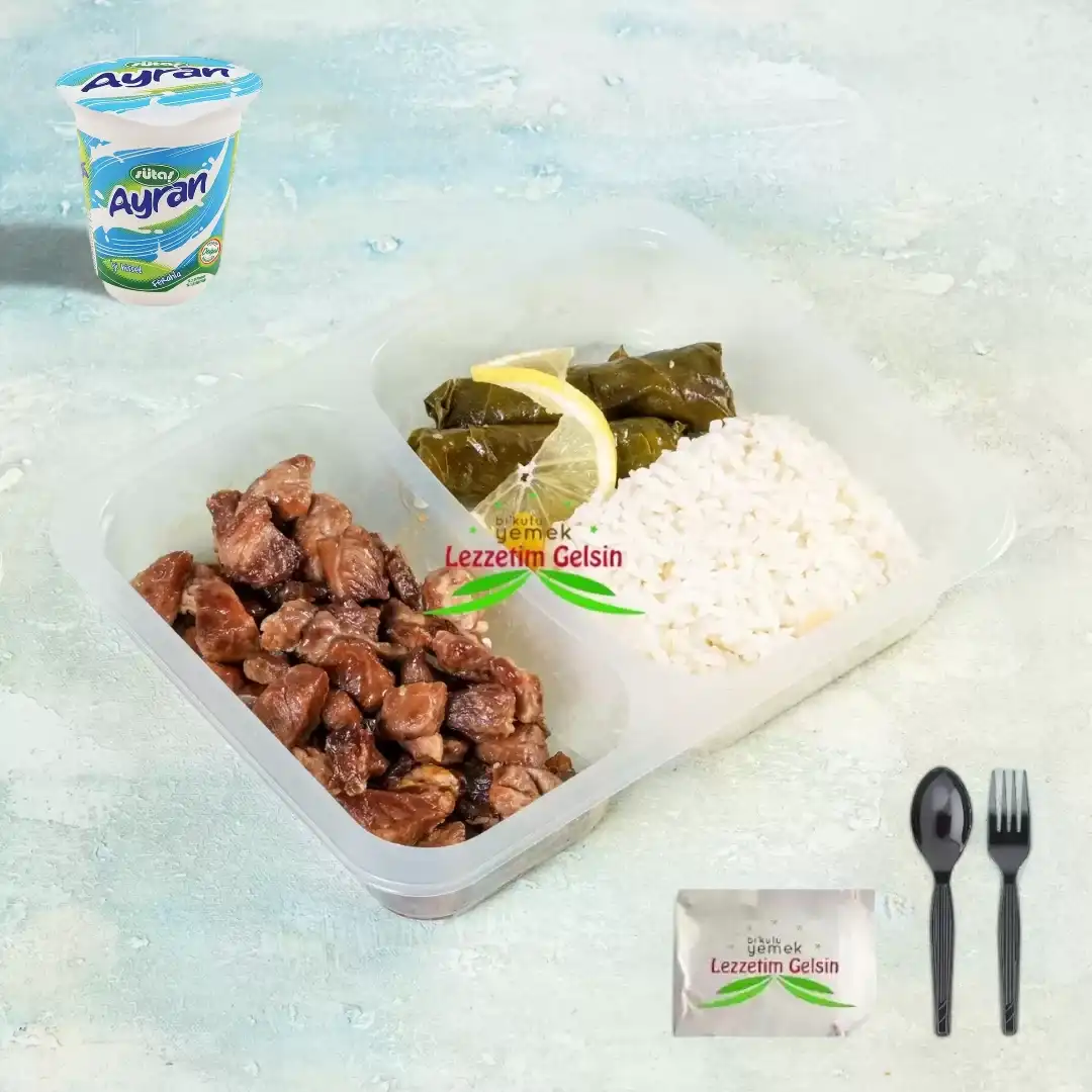 Tereyağlı Pilav + Zeytinyağlı Yaprak Sarma + Dana Kavurma + Ayran 