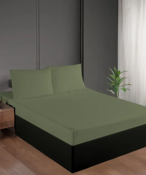 Haki Renk Pamuk Saten Lastikli Çarşaf Seti 100*200+35
