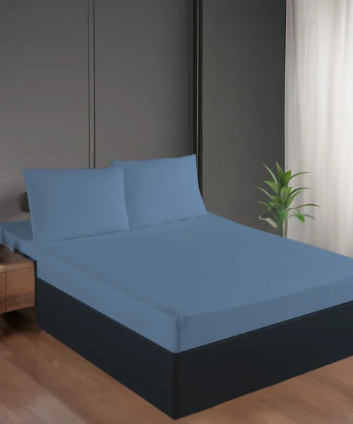 Mavi Renk Pamuk Saten Lastikli Çarşaf Seti 100*200+35