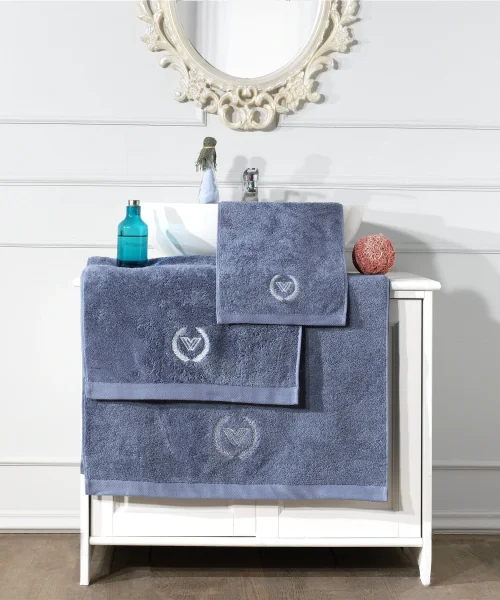 VERO VANNI CUBO NAKIŞLI HAVLU SET MAVİ