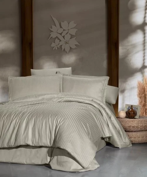 VERO VANNI STRIPE SATEN NEVRESİM TAKIMI ÇİFT KİŞİLİK BEJ