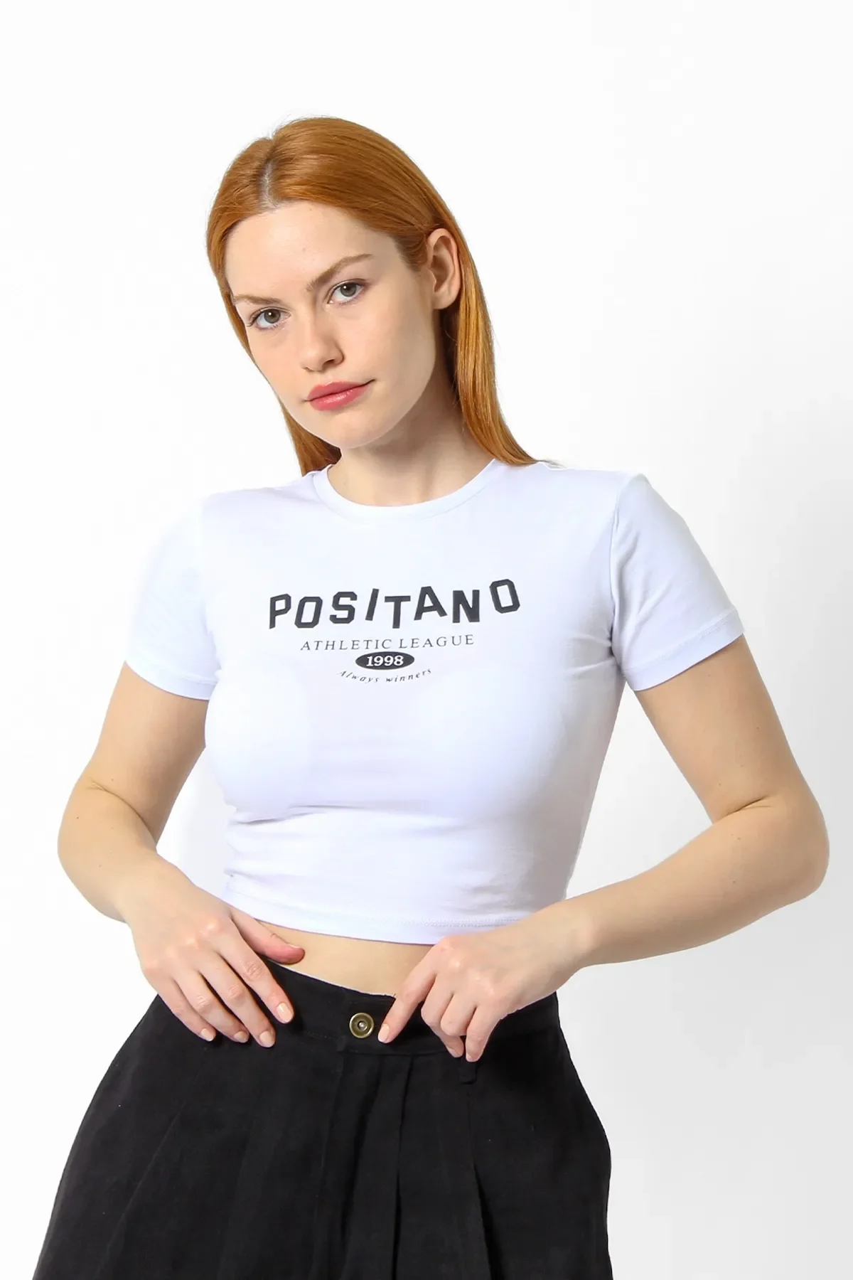 1998 Baskılı Kısa Kollu Beyaz Crop