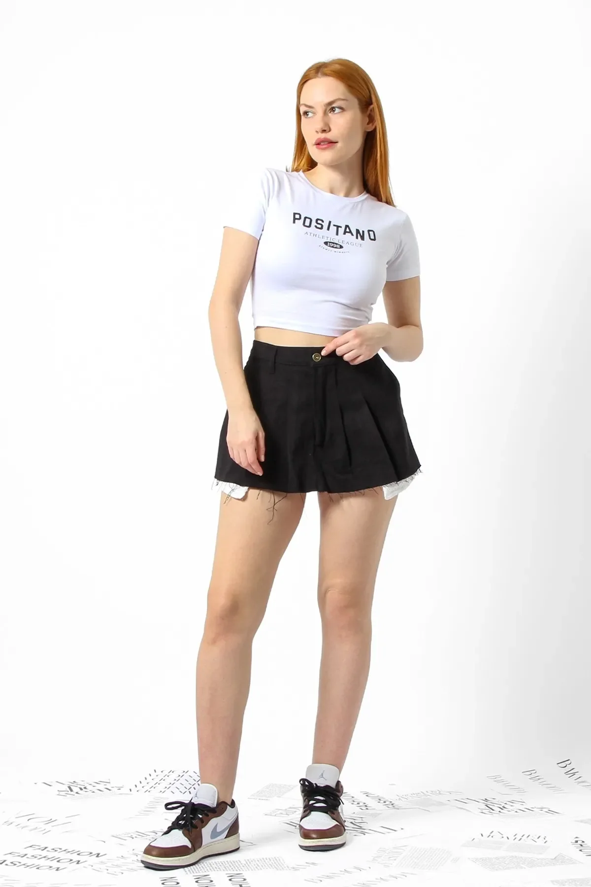 1998 Baskılı Kısa Kollu Beyaz Crop