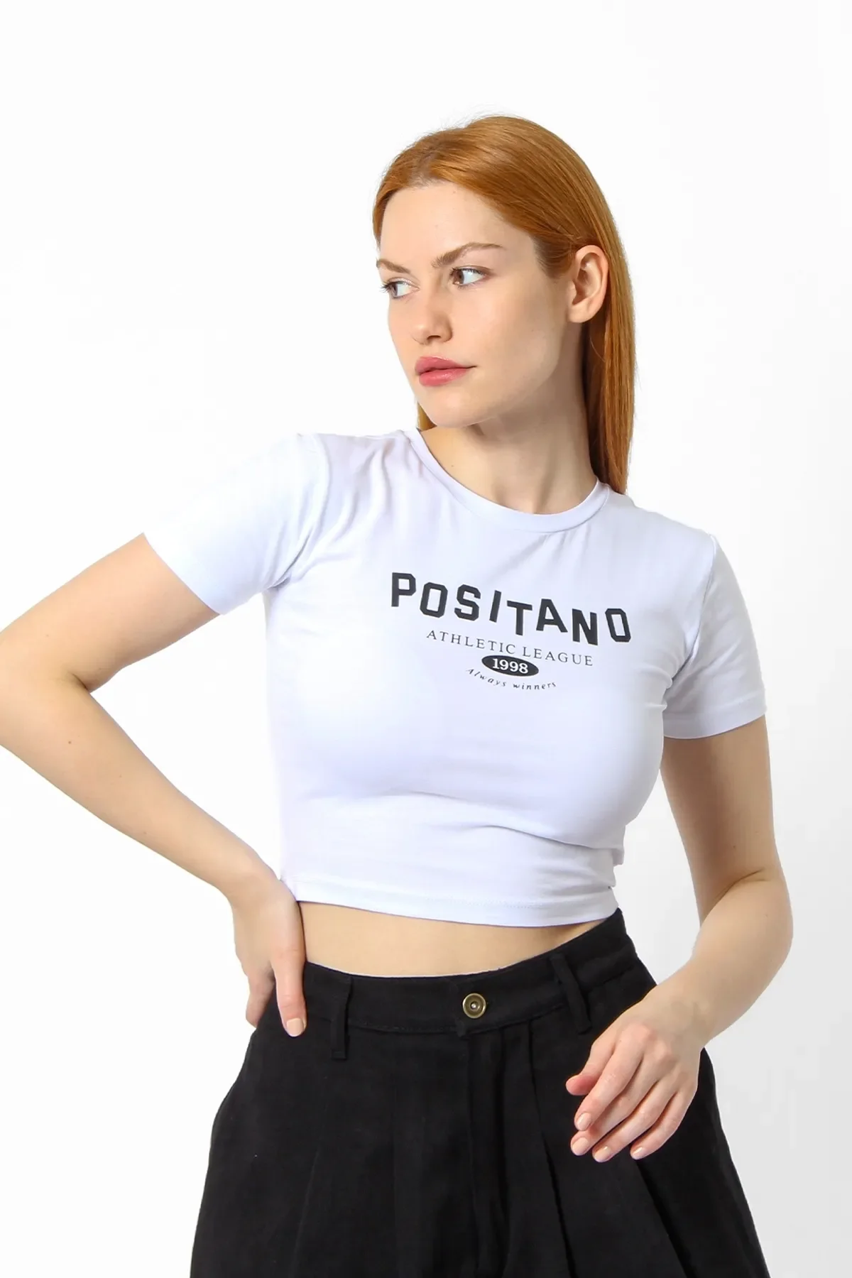 1998 Baskılı Kısa Kollu Beyaz Crop