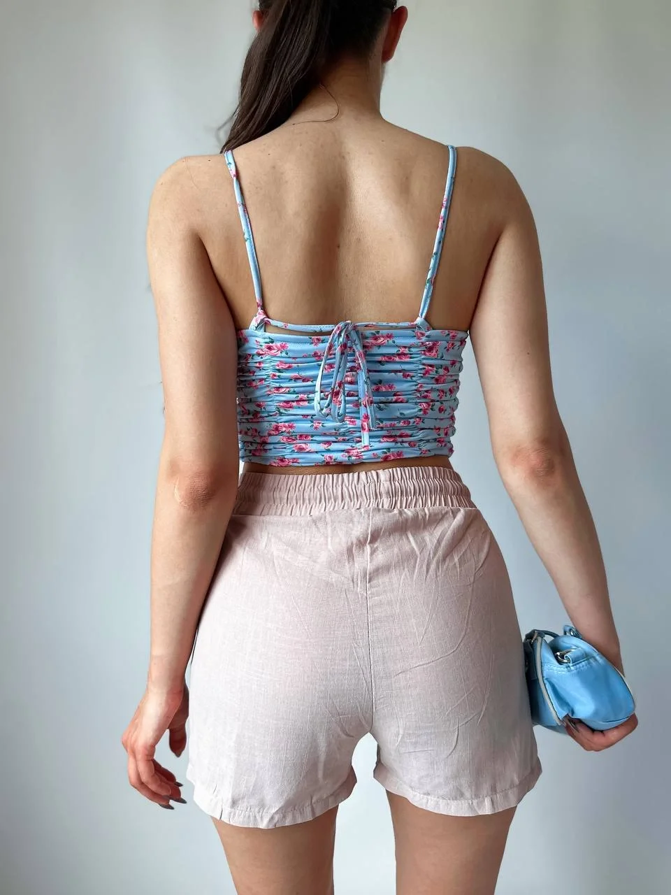 Bağlama Detaylı Çiçek Desenli Mavi Crop