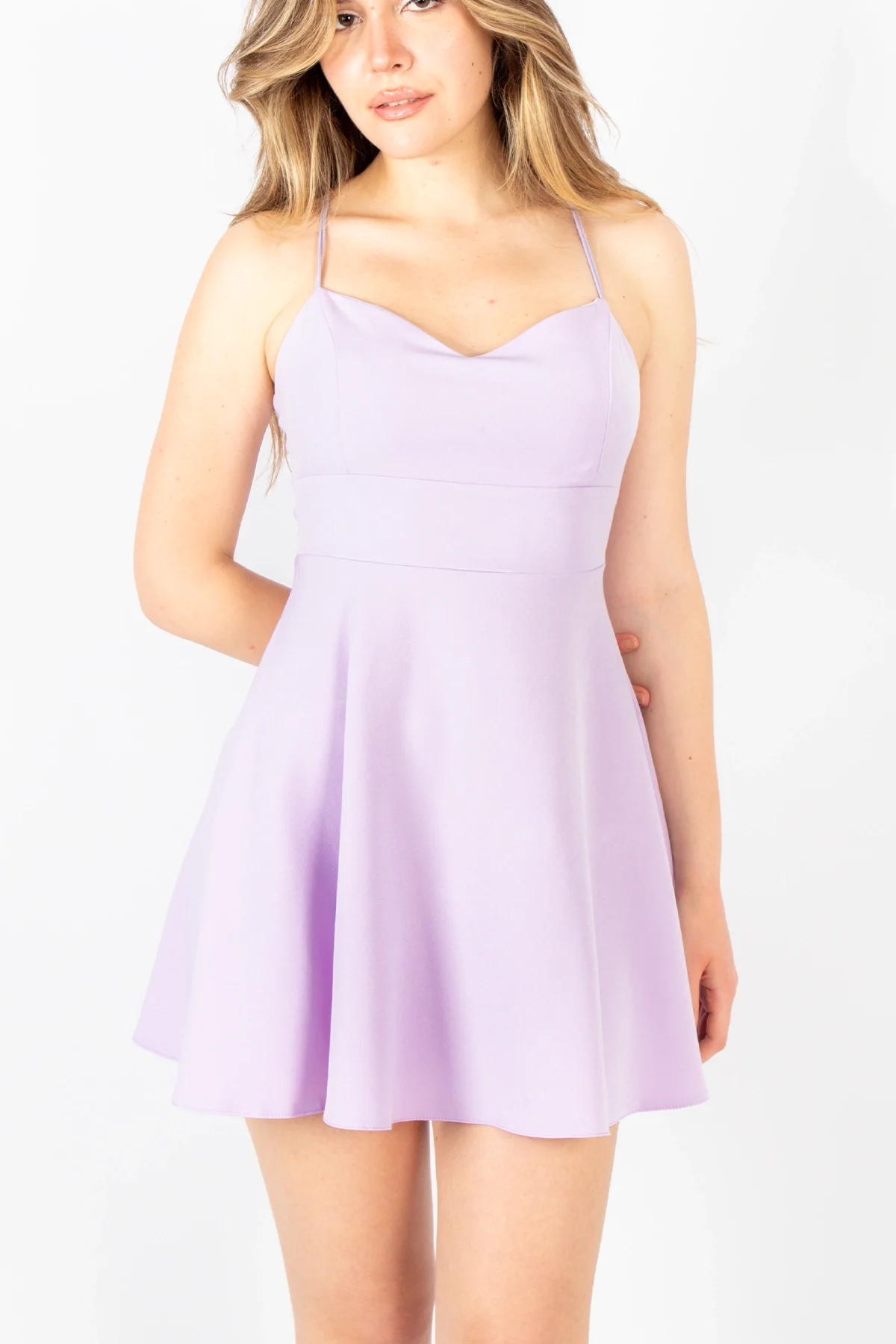 Çapraz Askı Detaylı Fermuarlı Mini Lila Elbise