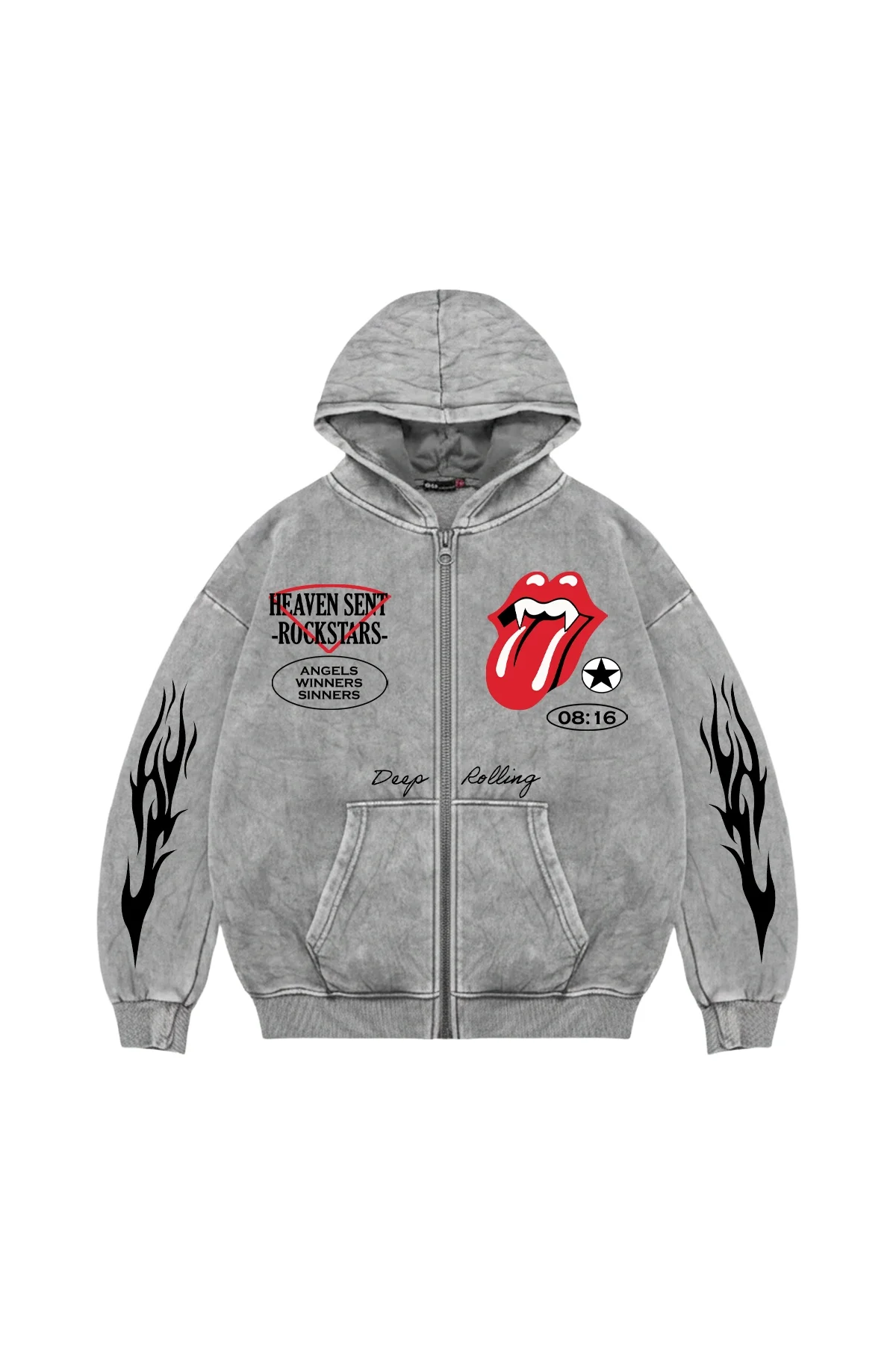 Deep Rolling Fermuarlı Kapüşonlu Zip Unisex Yıkamalı Beyaz Sweatshirt