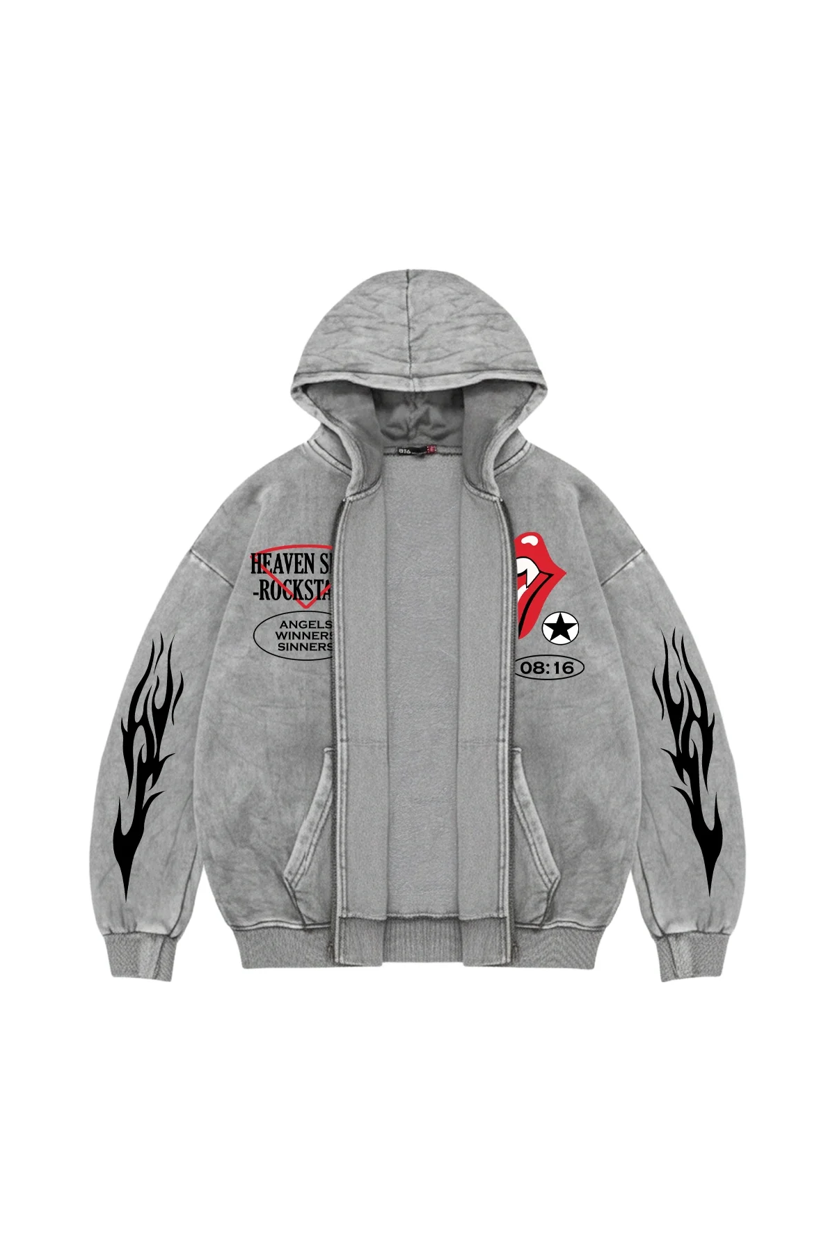 Deep Rolling Fermuarlı Kapüşonlu Zip Unisex Yıkamalı Beyaz Sweatshirt