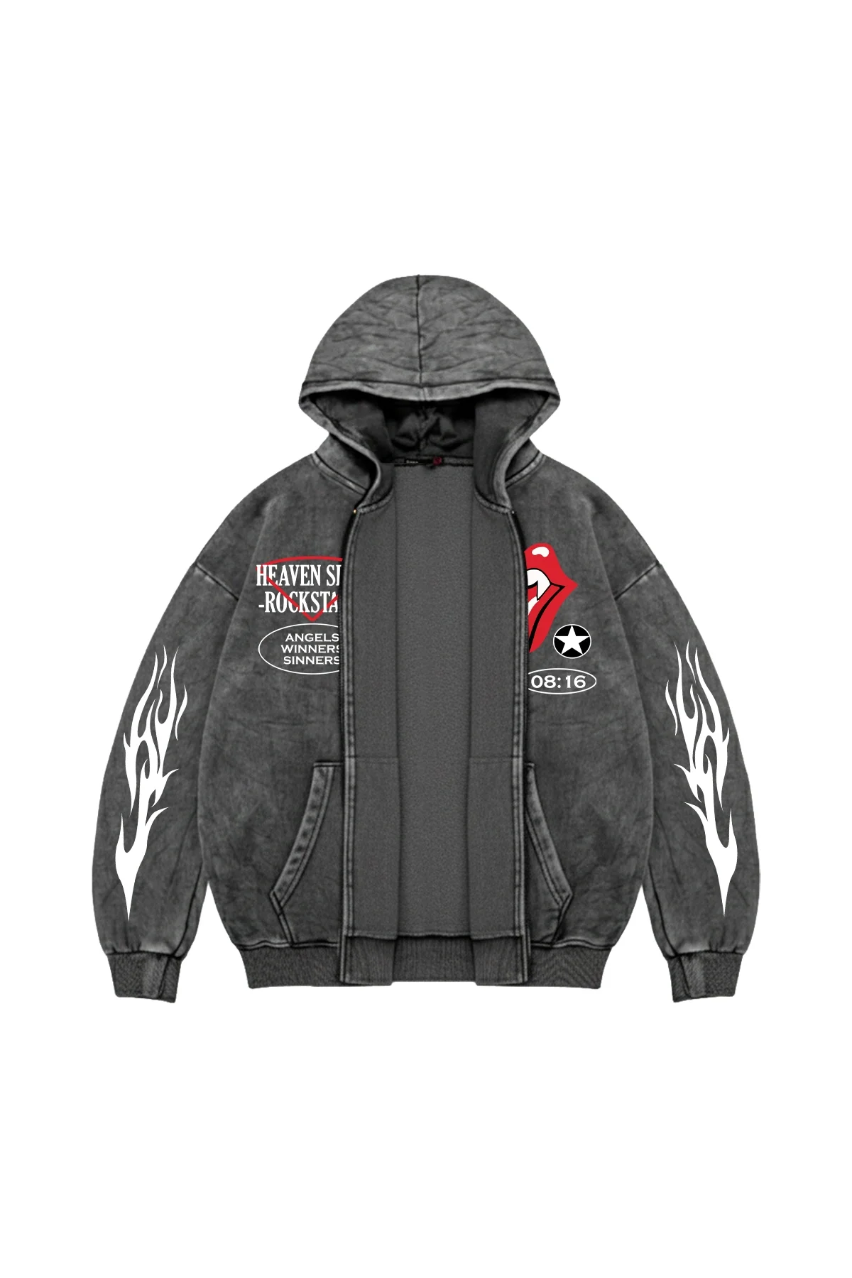 Deep Rolling Fermuarlı Kapüşonlu Zip Unisex Yıkamalı Siyah Sweatshirt