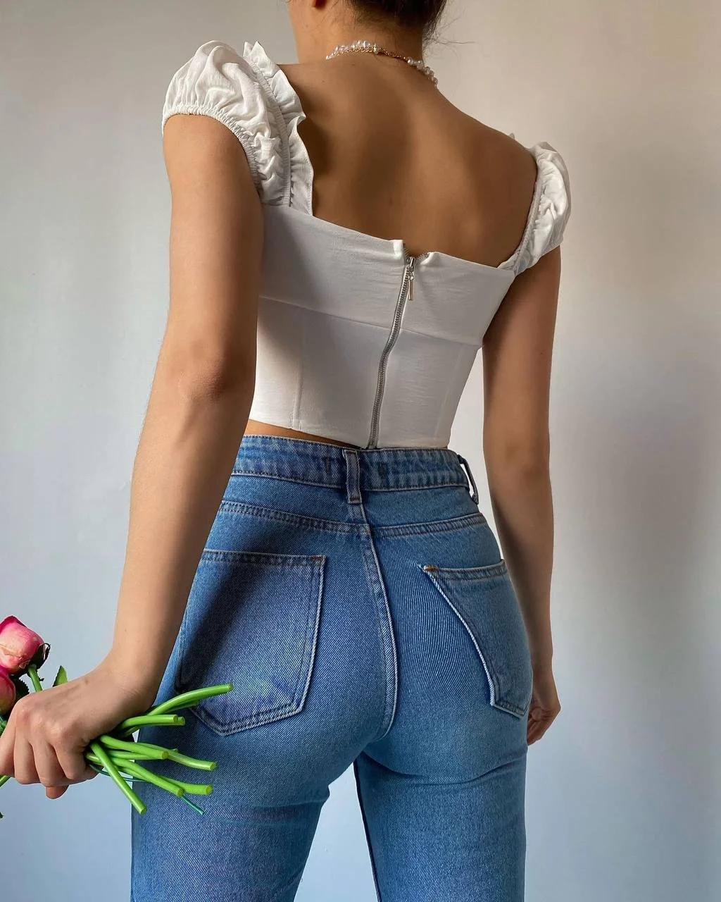 Fermuar Detaylı Önden Bağlamalı Beyaz Crop