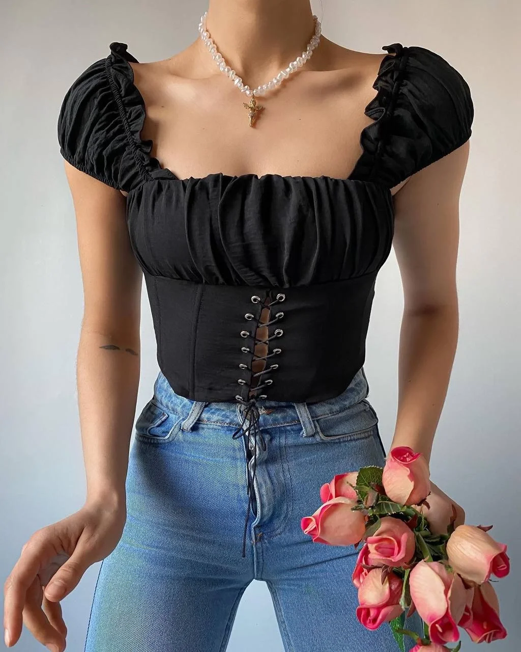 Fermuar Detaylı Önden Bağlamalı Siyah Crop