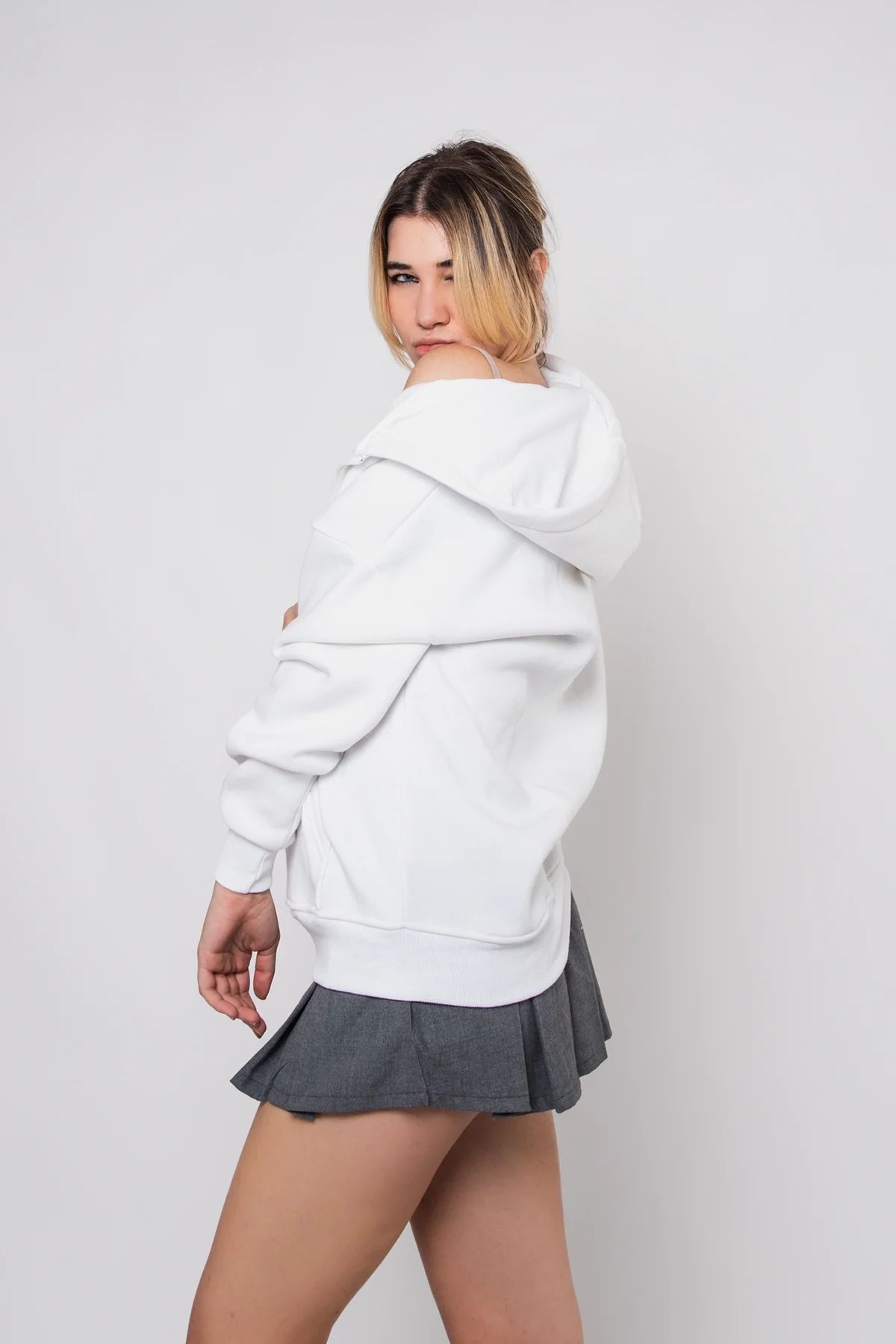 Fermuarlı Basic Kapüşonlu Unisex Beyaz Sweatshirt